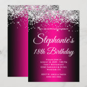 Invitation Sparkly Silver Glitter Black Magenta 18th Birthday (Devant / Derrière)
