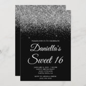 Invitation Sparkly Silver Glitter Black Sweet 16 (Devant / Derrière)