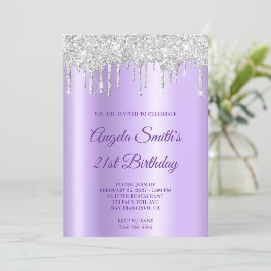 Invitation Sparkly Silver Glitter Drips Lavender Ombre (Debout devant)