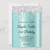 Invitation Sparkly Silver Glitter Drips Light Teal Ombre (Devant)