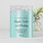 Invitation Sparkly Silver Glitter Drips Light Teal Ombre (Debout devant)