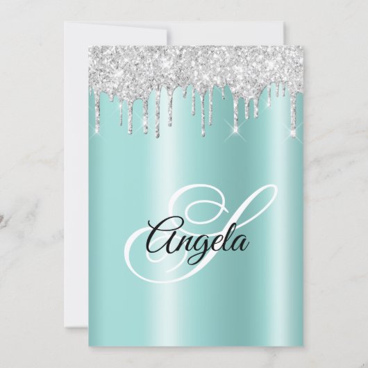 Invitation Sparkly Silver Glitter Drips Light Teal Ombre (Dos)