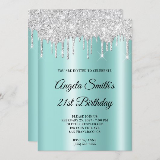 Invitation Sparkly Silver Glitter Drips Light Teal Ombre (Devant / Derrière)