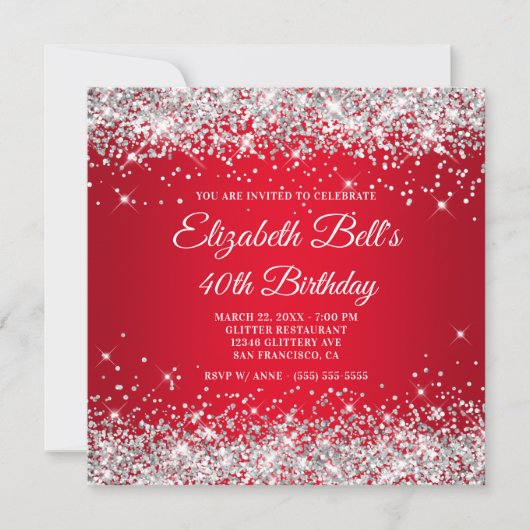 Invitation Sparkly Silver Parties scintillant Rouge Ombre 40e (Devant)