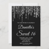 Invitation Sparkly Silver String Lights Black Sweet 16 (Devant)