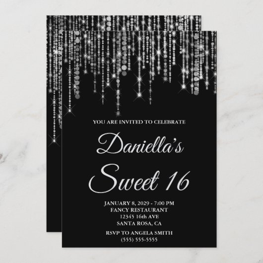 Invitation Sparkly Silver String Lights Black Sweet 16 (Devant / Derrière)