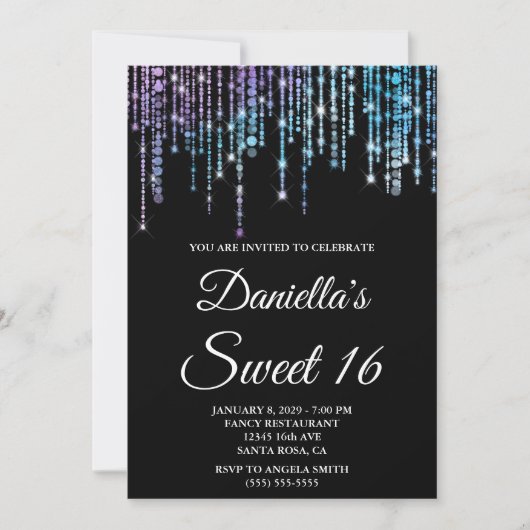 Invitation Sparkly Unicorn String Lights Black Sweet 16 (Devant)