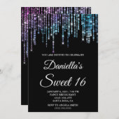 Invitation Sparkly Unicorn String Lights Black Sweet 16 (Devant / Derrière)