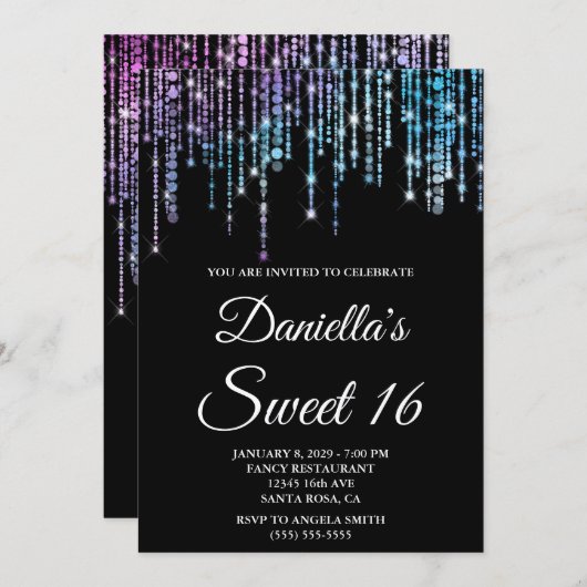 Invitation Sparkly Unicorn String Lights Black Sweet 16 (Devant / Derrière)