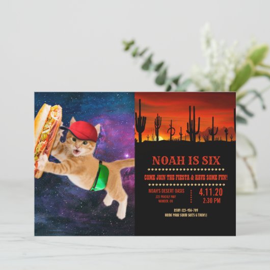 Invitation Spatiale chat avec casquette et sac à dos (Debout devant)
