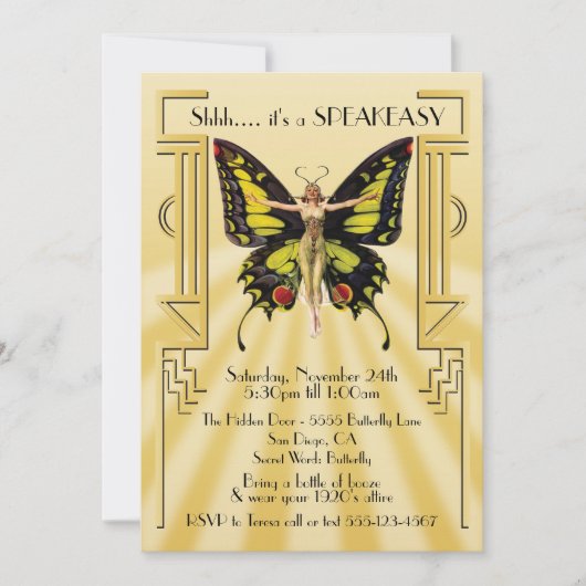 Invitation Speakeasy Papillon Flapper Great Gatsby Party (Devant)