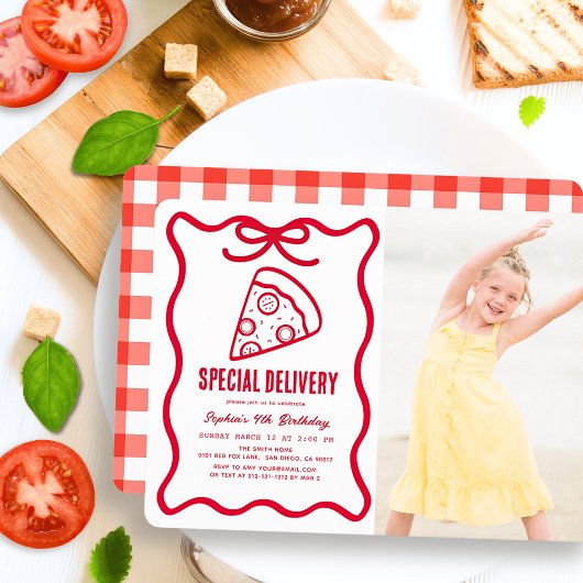 Invitation Special Delivery Red Bow Pizza Photo Birthday