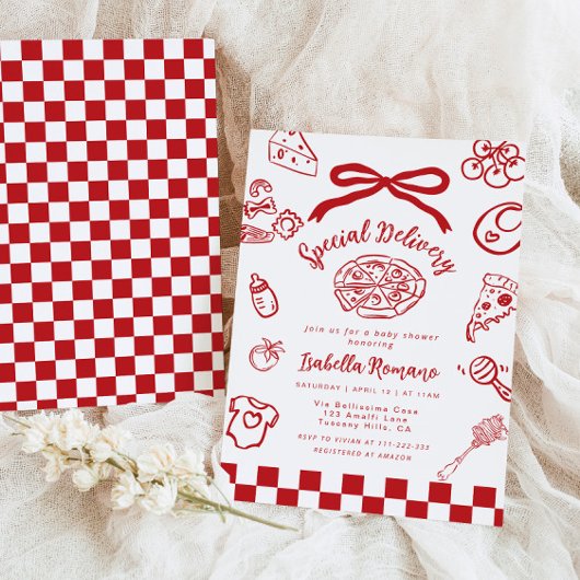Invitation Special Delivery Whimsical Bow Pizza Baby Shower