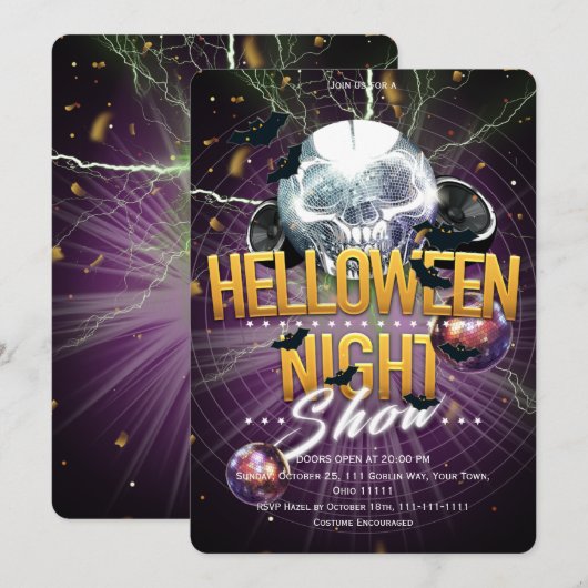 Invitation Spectacle de nuit d'Halloween Disco Crâne (Devant / Derrière)