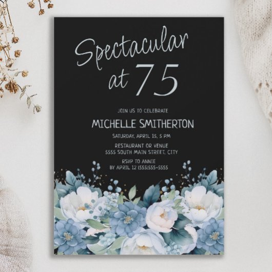Invitation Spectaculaire 75 Dusty bleu blanc floral noir
