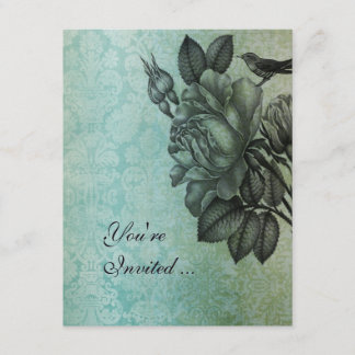 Invitation Sperrow et Rose Élégant Damas Vintage en bleu