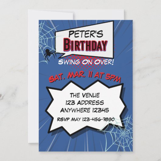 Invitation Spider Comic Blue Red Birthday (Devant)