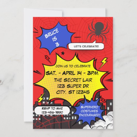 Invitation Spider Superhero Comic Birthday (Devant)