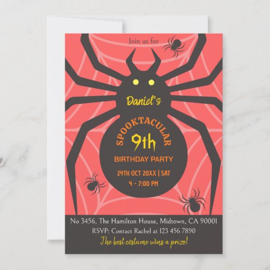 Invitation Spider Web 9e anniversaire fête éffrayante d'Hallo (Devant)