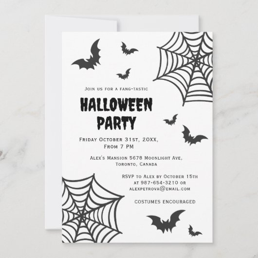 Invitation Spider Web Bat Éffrayant Black White Halloween Par (Devant)