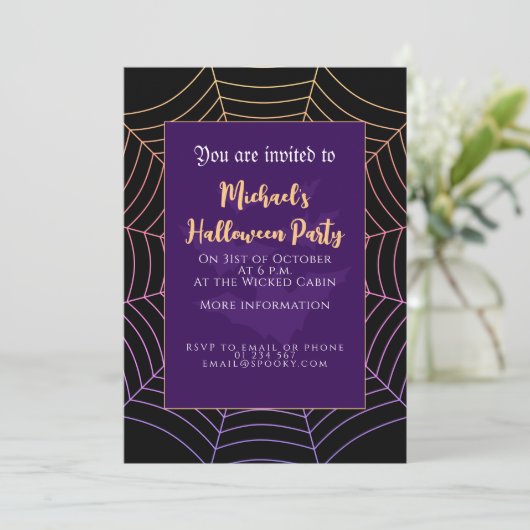 Invitation Spider web noir violet orange Halloween (Debout devant)