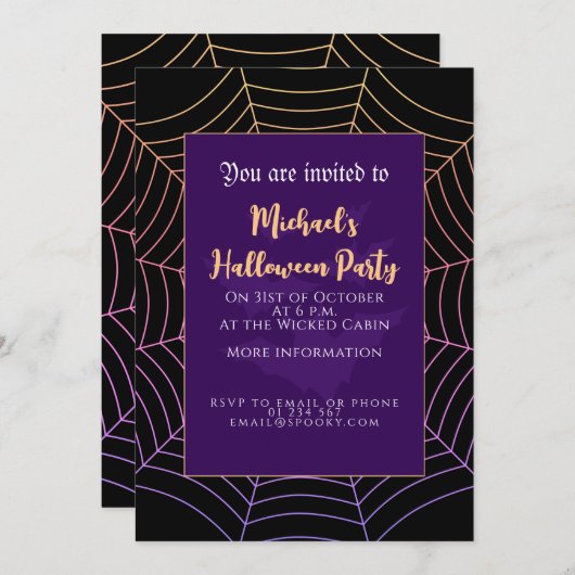 Invitation Spider web noir violet orange Halloween (Devant / Derrière)