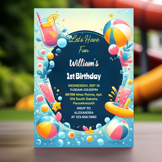 Invitation Splash Bubbles Summer pool party Foam 1er Annivers