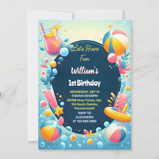 Invitation Splash Bubbles Summer pool party Foam 1er Annivers (Devant)