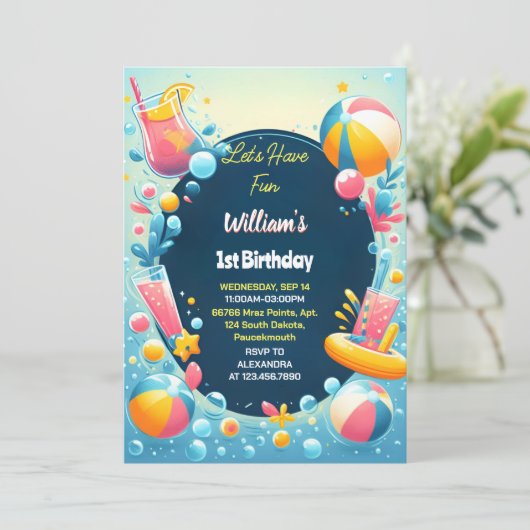 Invitation Splash Bubbles Summer pool party Foam 1er Annivers (Debout devant)
