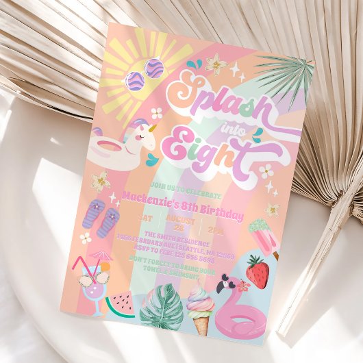 Invitation Splash Into Eight Summer Rainbow Sun 8th Birthday 