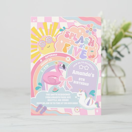 Invitation Splash Into Five Cloud Rainbow Disco 5th Birthday  (Debout devant)