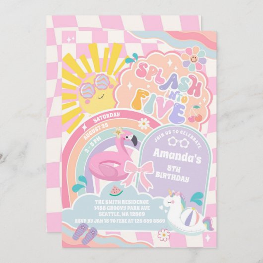 Invitation Splash Into Five Cloud Rainbow Disco 5th Birthday  (Devant / Derrière)