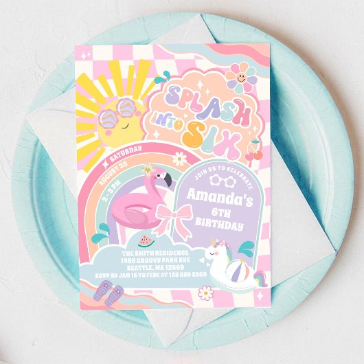 Invitation Splash Into Six Rainbow Sun 6th Birthday 