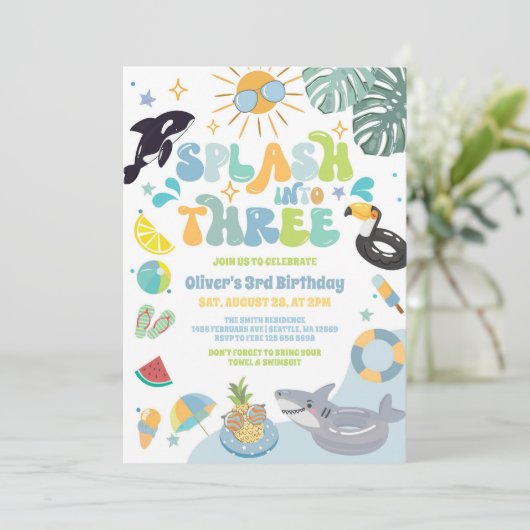 Invitation Splash Into Three Pool Party Summer 3rd Birthday  (Debout devant)