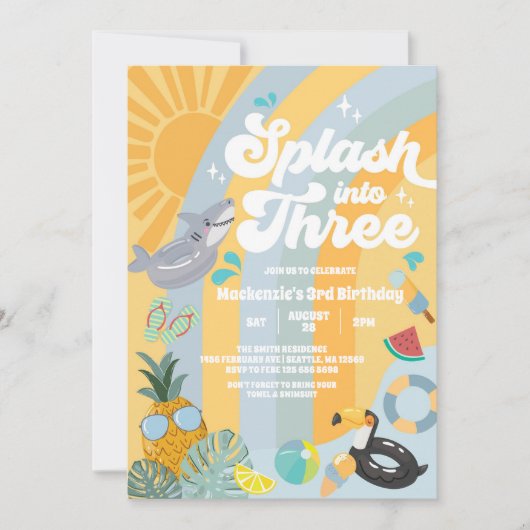 Invitation Splash Into Three Summer Rainbow Sun 3rd Birthday  (Devant)