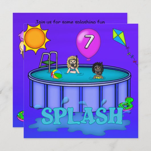 Invitation "Splash" Pool Party 7e anniversaire (Devant / Derrière)