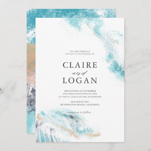 Invitation Splashing Blue Waves Details Coastal Wedding (Devant / Derrière)