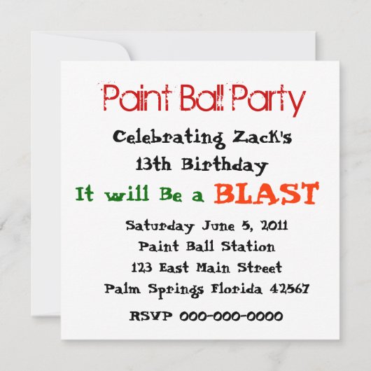 Invitation SPLATTER de Paint Ball Party (Dos)