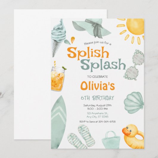 Invitation Splish Splash Anniversaire Fête de Piscine (Devant / Derrière)