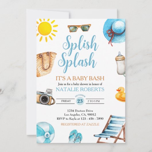 Invitation Splish Splash Blue Beach Summer Boy Baby shower (Devant)