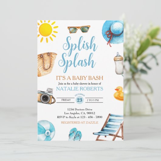 Invitation Splish Splash Blue Beach Summer Boy Baby shower (Debout devant)