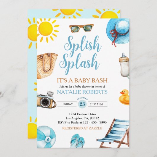 Invitation Splish Splash Blue Beach Summer Boy Baby shower (Devant / Derrière)