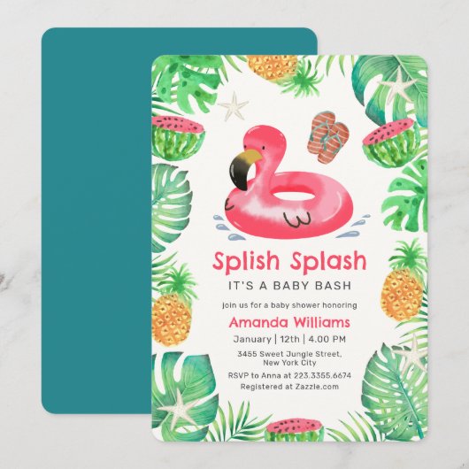 Invitation Splish Splash Fête Tropicale de Bébé Piscine (Devant / Derrière)
