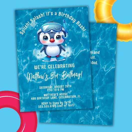 Invitation Splish Splash Garçon Pingouin Piscine Fête d'anniv