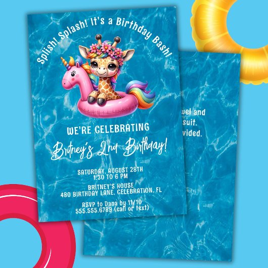 Invitation Splish Splash Girl Giraffe Pool fête d'anniversair