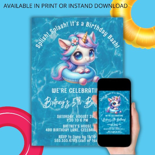 Invitation Splish Splash Girl Unicorn Pool fête d'anniversair