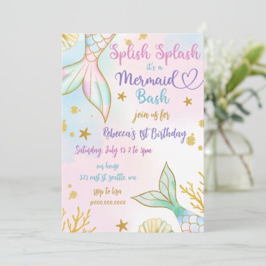 Invitation Splish Splash Mermaid Bash Birthday Party (Debout devant)