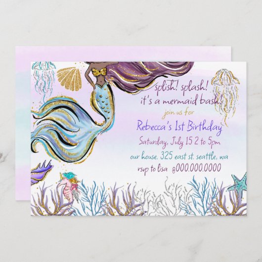Invitation Splish Splash Mermaid Bash Birthday Party (Devant / Derrière)