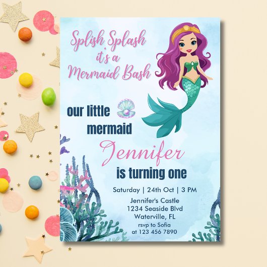 Invitation Splish Splash Mermaid Bash Girls 1er anniversaire
