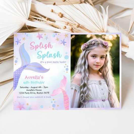 Invitation Splish Splash Mermaid Girl 4th Birthday Photo